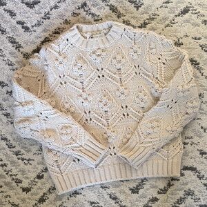 Zara Cream Open-Knit Pom Pom Crewneck Sweater, small